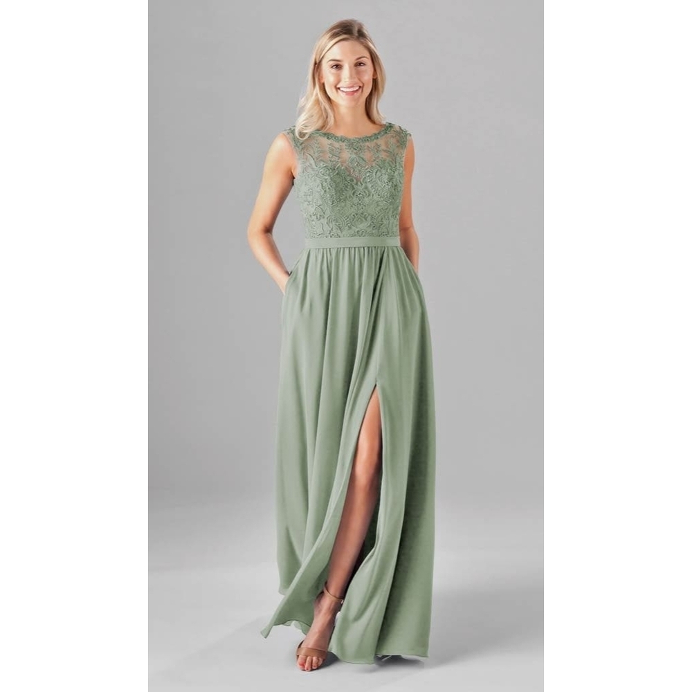 Sage Green Lace Gown Asymmetrical Slit